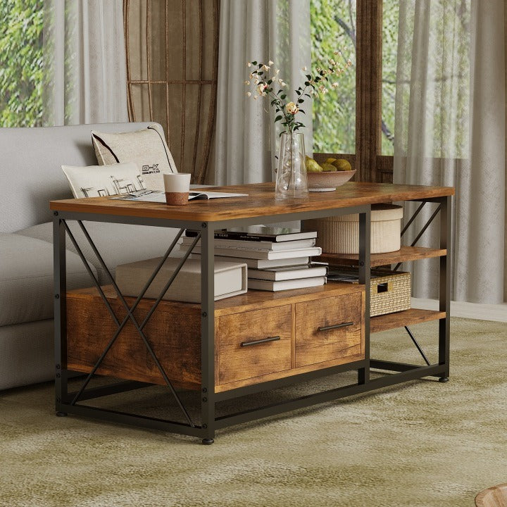 Măsuță de Cafea Loft 100x55x47 cm cu 2 Sertare și Rafturi Maro Rustic Negru