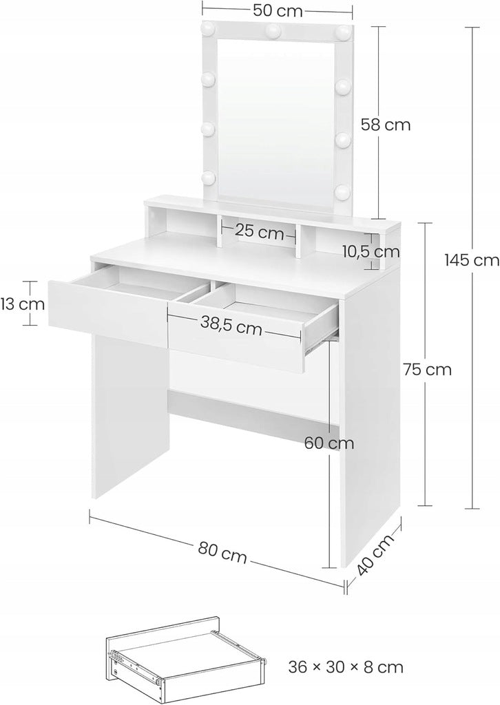 Masa de Toaleta pentru Machiaj cu Oglinda LED, Alba, 80x40x145 cm, Stil Loft