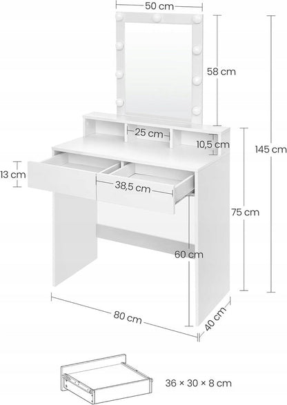 Masa de Toaleta pentru Machiaj cu Oglinda LED, Alba, 80x40x145 cm, Stil Loft