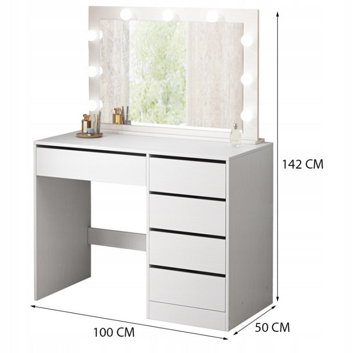 Masă de Machiaj cu Oglindă LED Albă 100 cm cu Sertare pentru Cosmetice