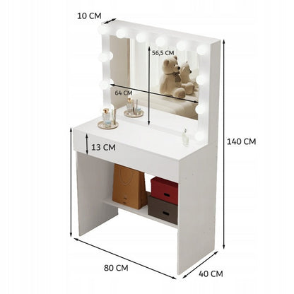 Masa de Toaleta pentru Machiaj cu Oglinda LED, Alba, 80x40x140 cm, Stil Loft