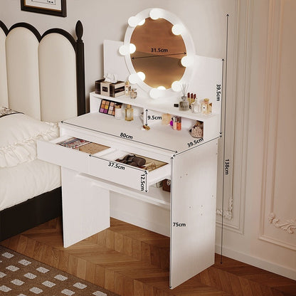 Masă de Toaletă Cosmetică Albă 80 cm cu Oglindă Rotundă LED, Sertar și Rafturi