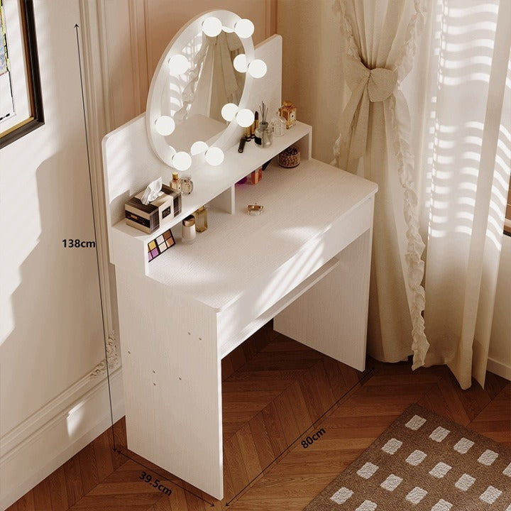 Masă de Toaletă Cosmetică Albă 80 cm cu Oglindă Rotundă LED, Sertar și Rafturi