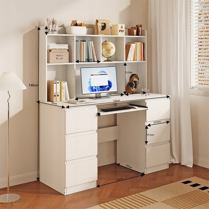 Birou cu Extensie si 6 Sertare din MDF Alb Textura Lemn, 130x50x146 cm