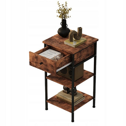 Noptiera Inalta Stil Industrial Loft cu 1 Sertar si Raft, Maro, 35x35x75 cm