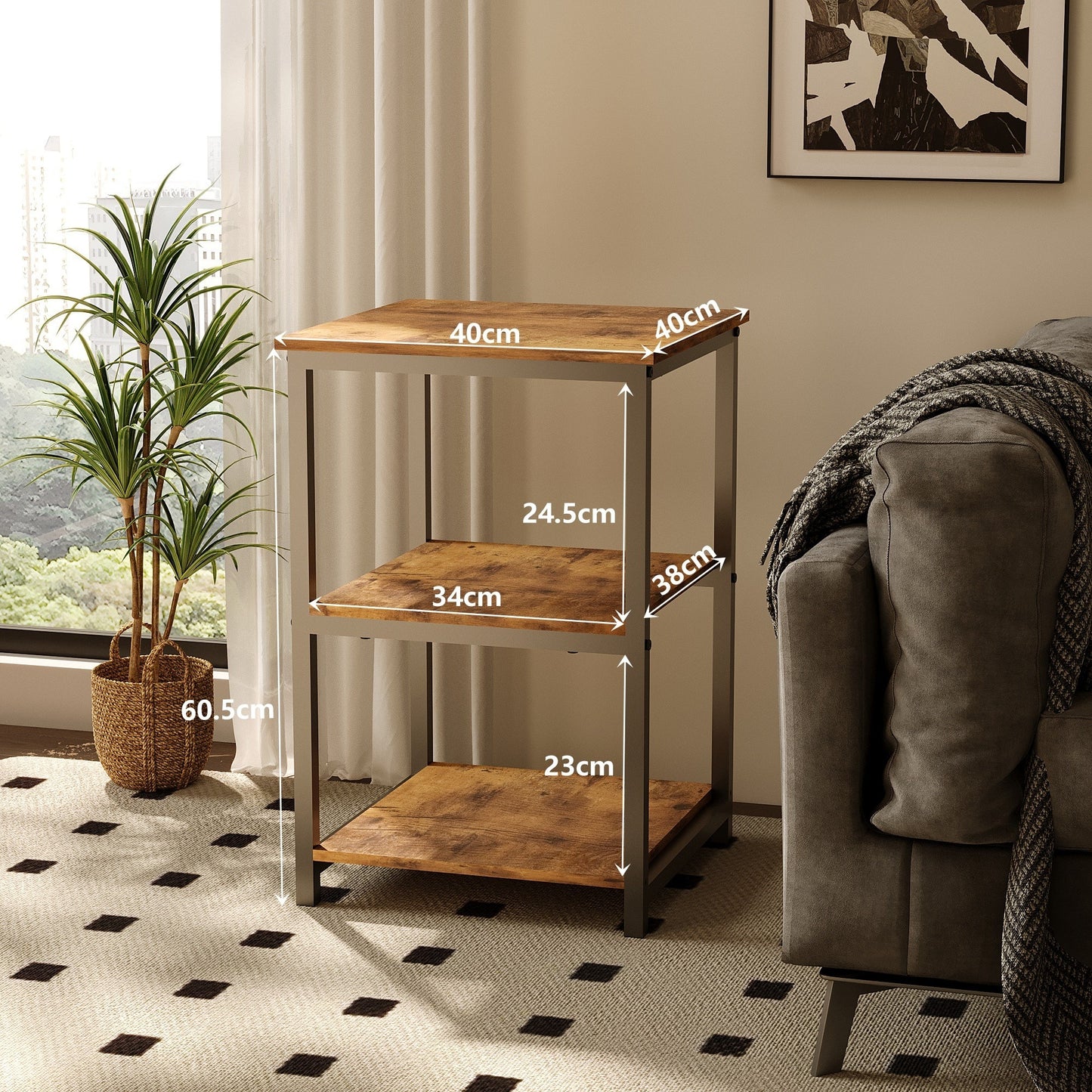 Masuta Auxiliara si Noptiera Stil Industrial Loft, Stejar Rustic si Metal, 40x40x61 cm