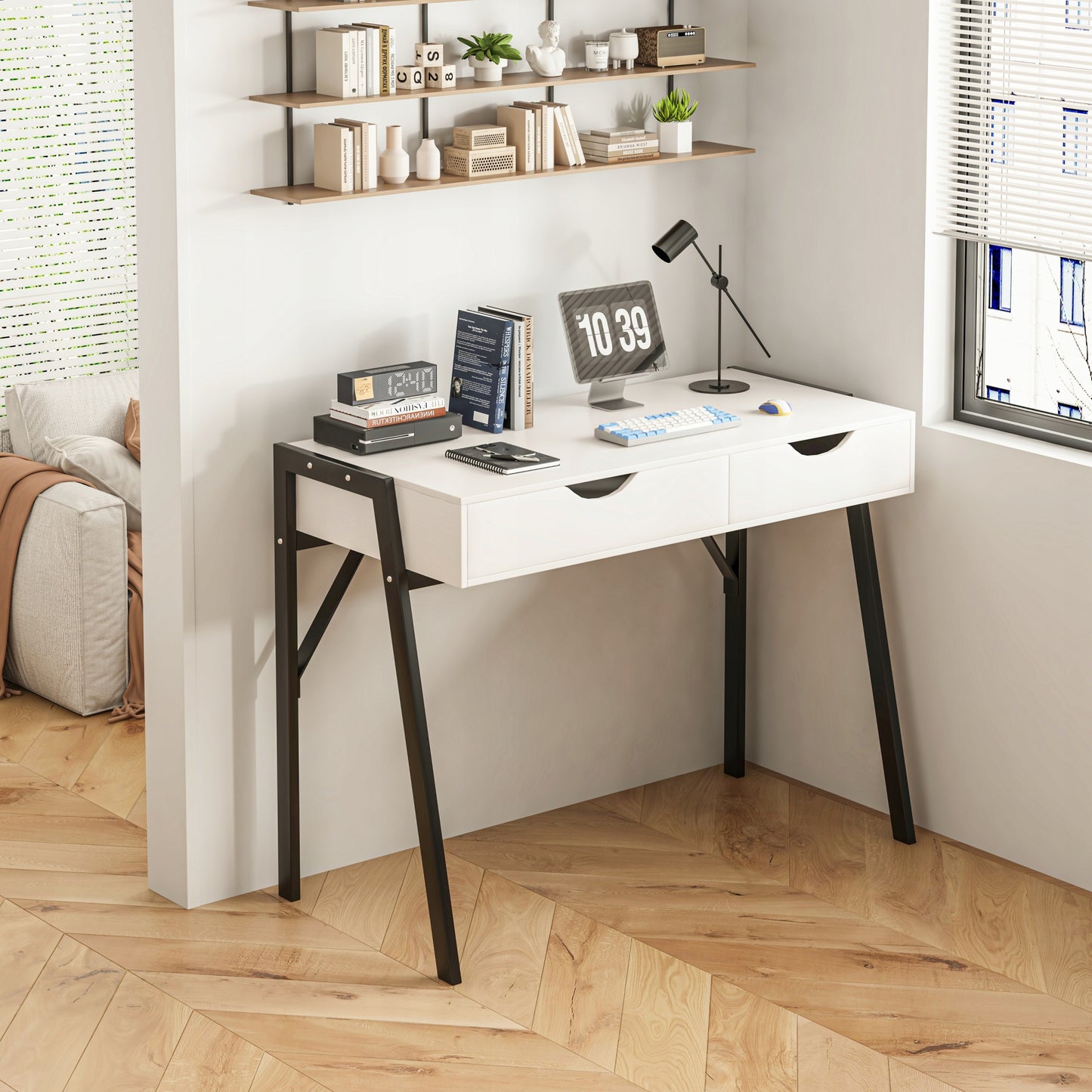 Birou Modern Compact cu 2 Sertare din MDF Alb Mat si Metal Negru, 80x40x90 cm