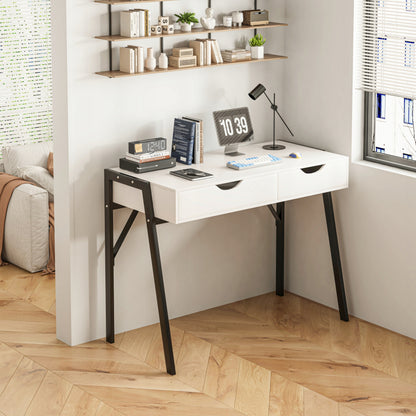 Birou Modern Compact cu 2 Sertare din MDF Alb Mat si Metal Negru, 80x40x90 cm