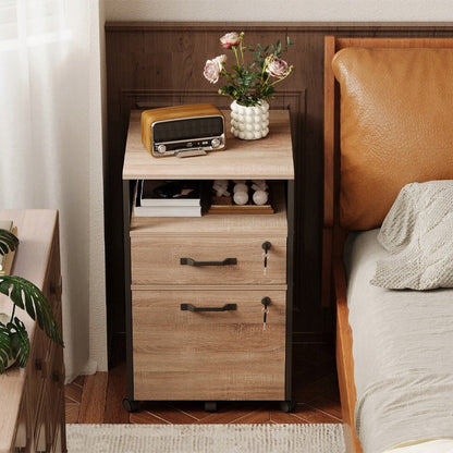 Container Mobil Documente Stil Loft cu 2 Sertare si Incuietoare, Maro Deschis, 42x44x69 cm