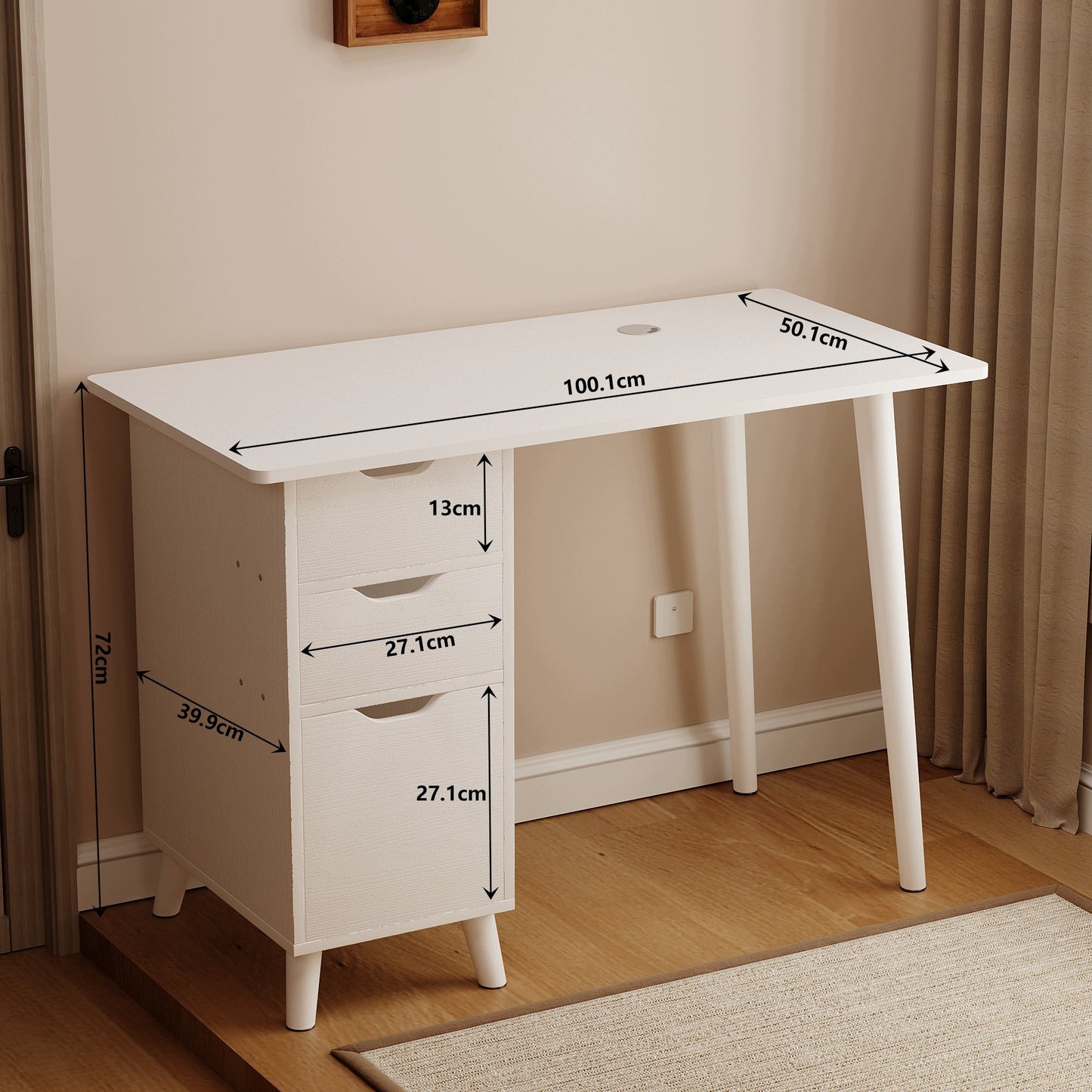 Birou Stil Scandinav Alb cu 2 Sertare si Textura Lemn, Masa PC/Studiu, 100x50x72 cm