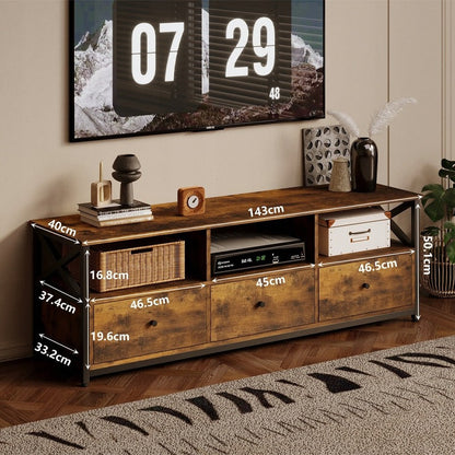 Comoda TV Stil Industrial Loft din MDF si Metal, Maro Rustic, 143x40x50 cm