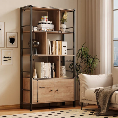Biblioteca Stil Loft 155 cm, Rafturi Deschise si Dulapuri, MDF si Metal, 74x30 cm