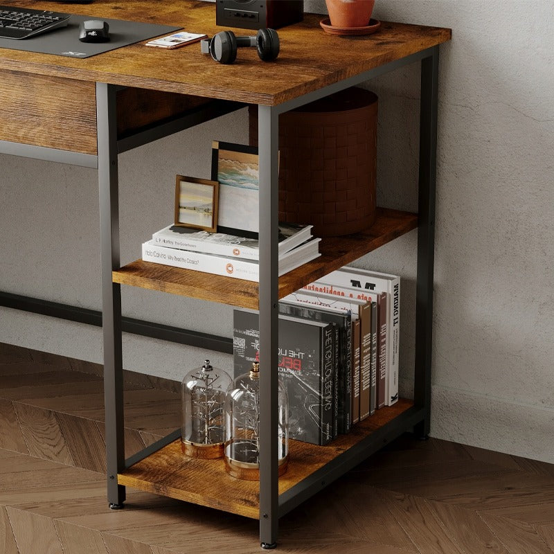 Birou Calculator Stil Loft cu Sertar si Rafturi, Maro Rustic si Metal, 120x60x74 cm