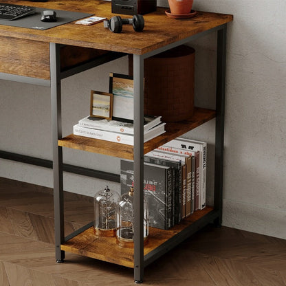 Birou Calculator Stil Loft cu Sertar si Rafturi, Maro Rustic si Metal, 120x60x74 cm
