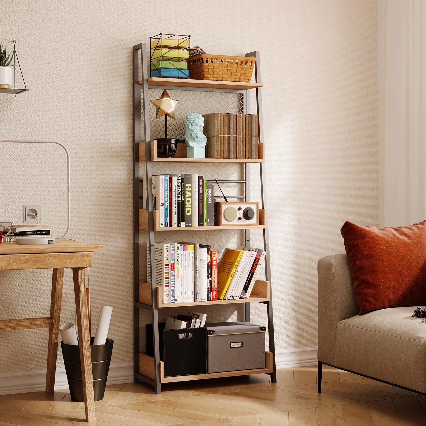 Biblioteca Tip Scara Stil Industrial cu 5 Rafturi Stejar si Metal, 63x30x158 cm