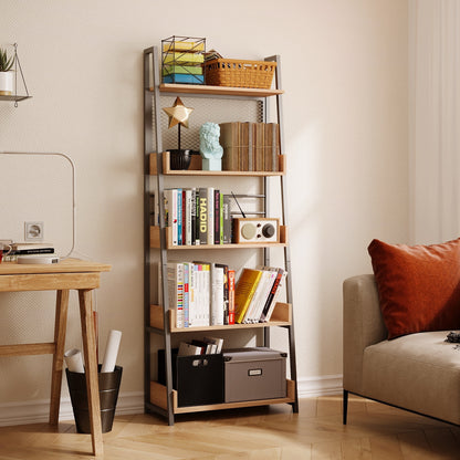 Biblioteca Tip Scara Stil Industrial cu 5 Rafturi Stejar si Metal, 63x30x158 cm