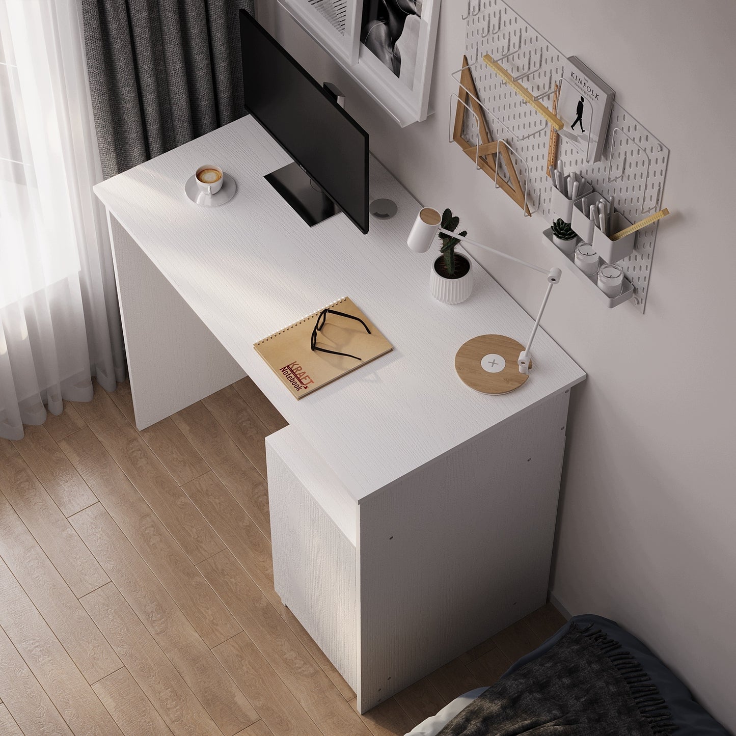 Birou Compact PC 90 cm cu Raft Extensibil Tastatura, Alb Mat Textura Lemn, 90x50x76 cm