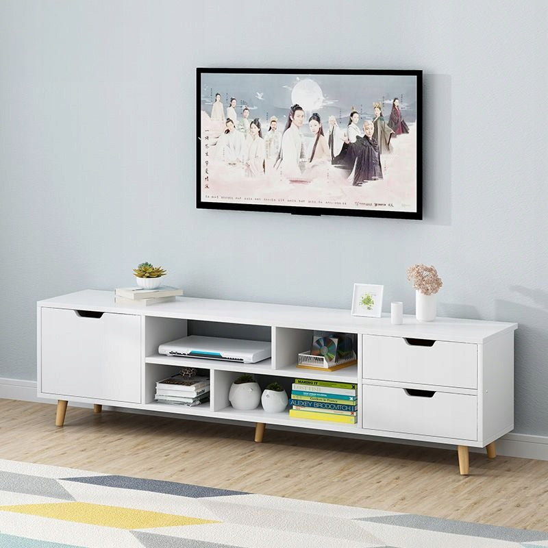 Comoda TV Stil Scandinav din MDF Alb Mat cu Picioare Lemn, 140x30x38 cm