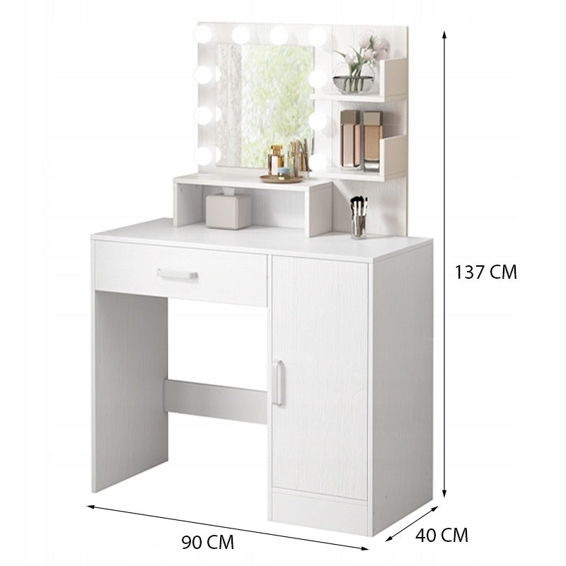 Masă de Toaletă cu Oglindă LED 90cm – Măsuță Machiaj Albă Modernă