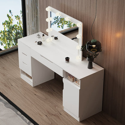 Masuta de Toaleta Profesionala cu Oglinda LED 80x60 cm, Statie Machiaj Alba XXL, 154 cm