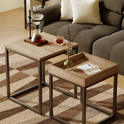 Set Masute de Cafea 2 in 1 Stil Loft, Maro Deschis si Metal Negru, din MDF