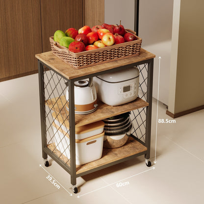 Carucior de Bucatarie Mobil pe Roti Stil Loft Maro Inchis si Metal, 60x40x89 cm