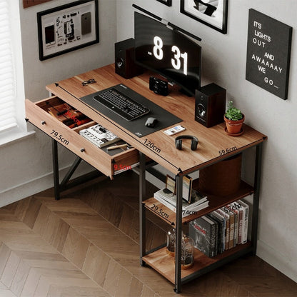 Birou Calculator Stil Loft cu Sertar si Rafturi, Maro Deschis si Metal, 120x60x74 cm