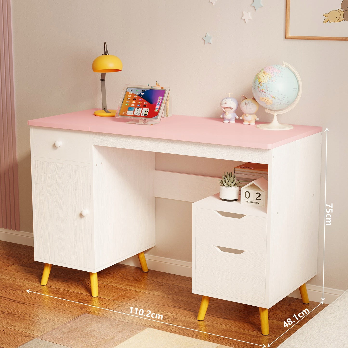 Birou Tineret Stil Scandinav Roz si Alb, Masa de Studiu din Lemn si MDF, 110 cm
