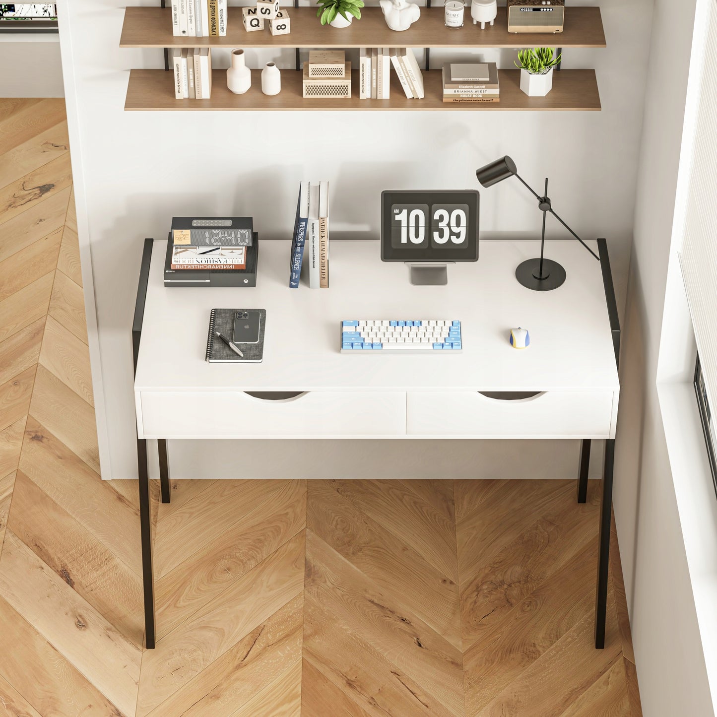 Birou Modern Compact cu 2 Sertare din MDF Alb Mat si Metal Negru, 80x40x90 cm