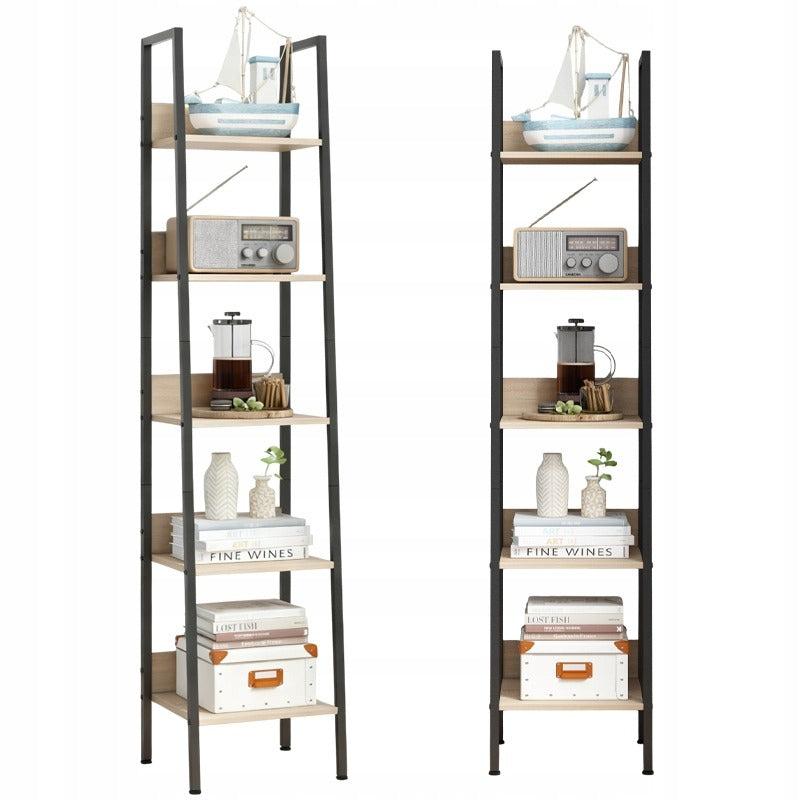Biblioteca Tip Scara Stil Loft cu 5 Rafturi, Maro Deschis si Metal, 33.8x30x170 cm