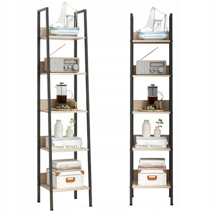 Biblioteca Tip Scara Stil Loft cu 5 Rafturi, Maro Deschis si Metal, 33.8x30x170 cm
