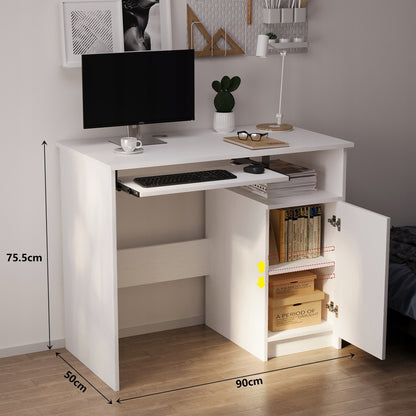 Birou Compact PC 90 cm cu Raft Extensibil Tastatura, Alb Mat Textura Lemn, 90x50x76 cm