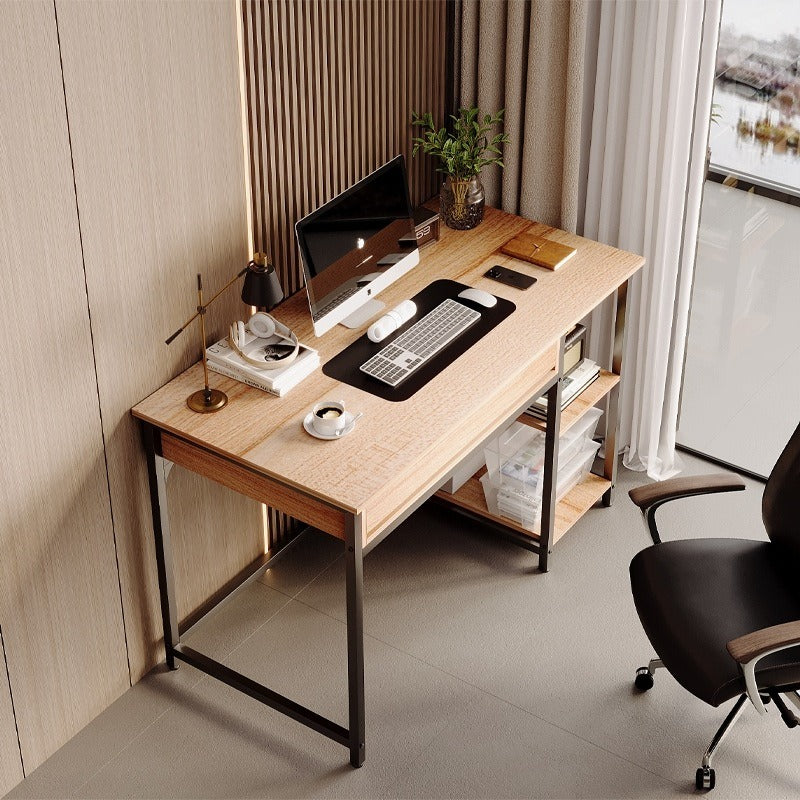 Birou Computer Stil Industrial Loft cu Sertare, Stejar Deschis si Cadru Metalic Negru, 120x60x76 cm