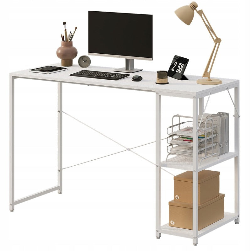 Birou Calculator Stil Loft cu Rafturi, Alb complet, MDF si Metal, 120x48 cm, Tineret