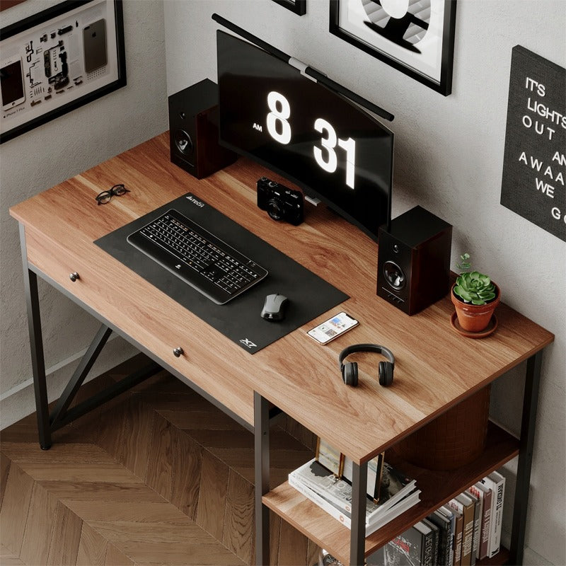 Birou Calculator Stil Loft cu Sertar si Rafturi, Maro Deschis si Metal, 120x60x74 cm