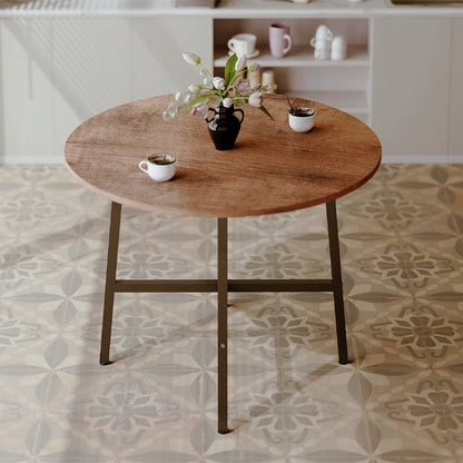 Masa de Cafea Rotunda Stil Loft, Diametru 80 cm, Maro Retro si Metal, pentru Living
