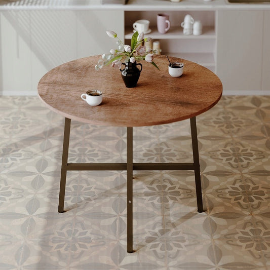 Masa de Cafea Rotunda Stil Loft, Diametru 80 cm, Maro Retro si Metal, pentru Living