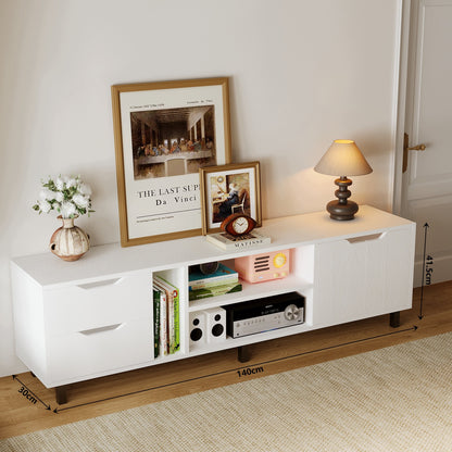 Comoda TV Stil Scandinav Alb Mat cu Sertare si Ușa, Stand TV Living, 140x30x41 cm