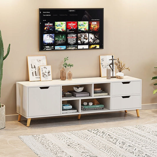 Comoda TV Stil Scandinav din MDF Alb Mat cu Picioare Lemn, 140x30x38 cm