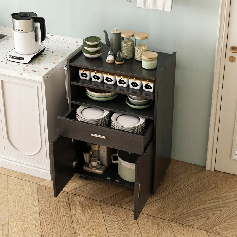 Carucior de Bucatarie pe Roti cu Sertare, Dulap Mobil Negru, 59x40x92 cm