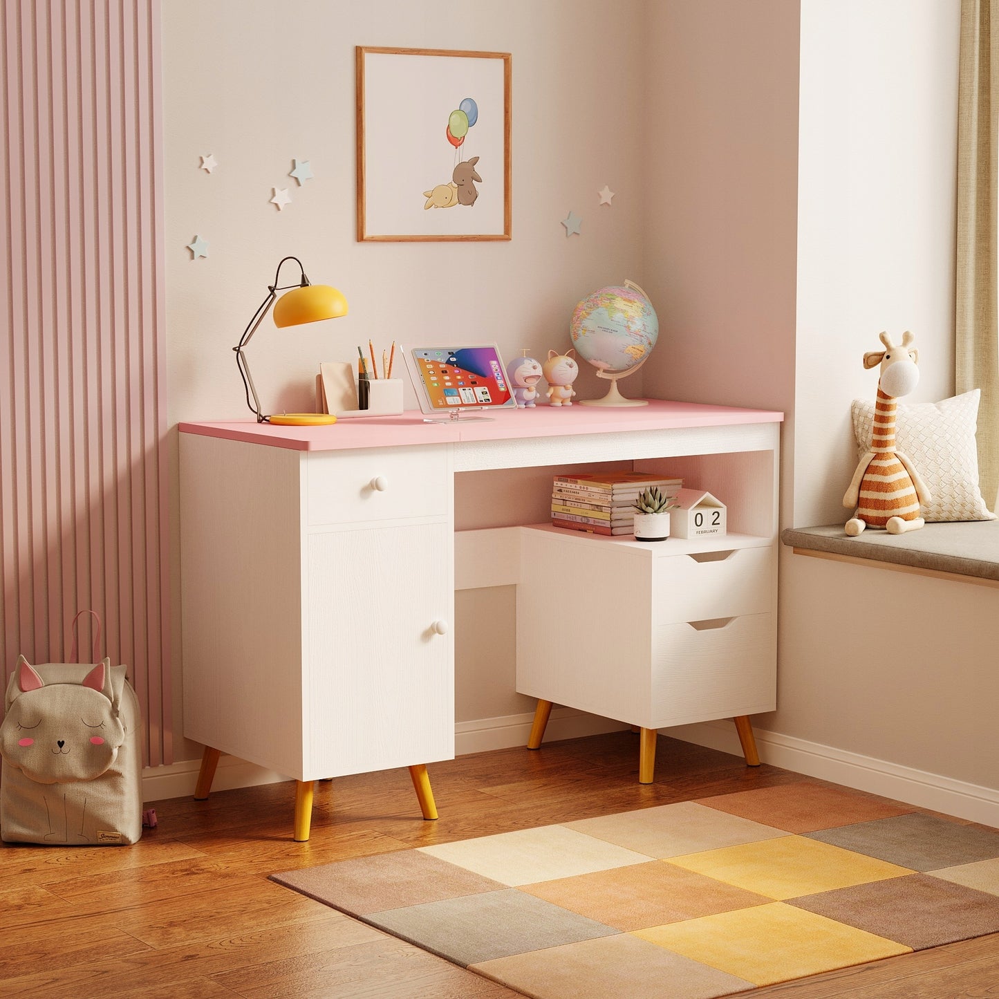 Birou Tineret Stil Scandinav Roz si Alb, Masa de Studiu din Lemn si MDF, 110 cm