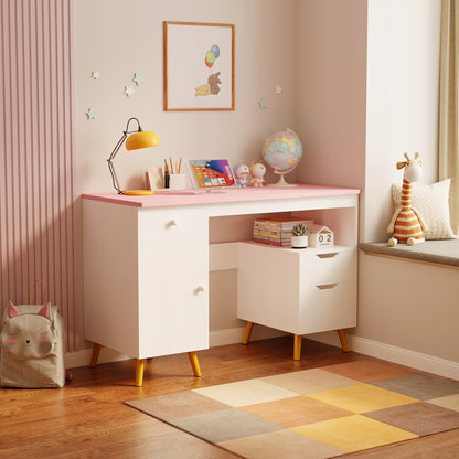 Birou Tineret Stil Scandinav Roz si Alb, Masa de Studiu din Lemn si MDF, 110 cm