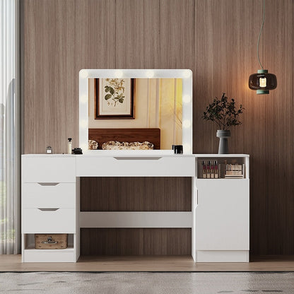 Masuta de Toaleta Profesionala cu Oglinda LED 80x60 cm, Statie Machiaj Alba XXL, 154 cm