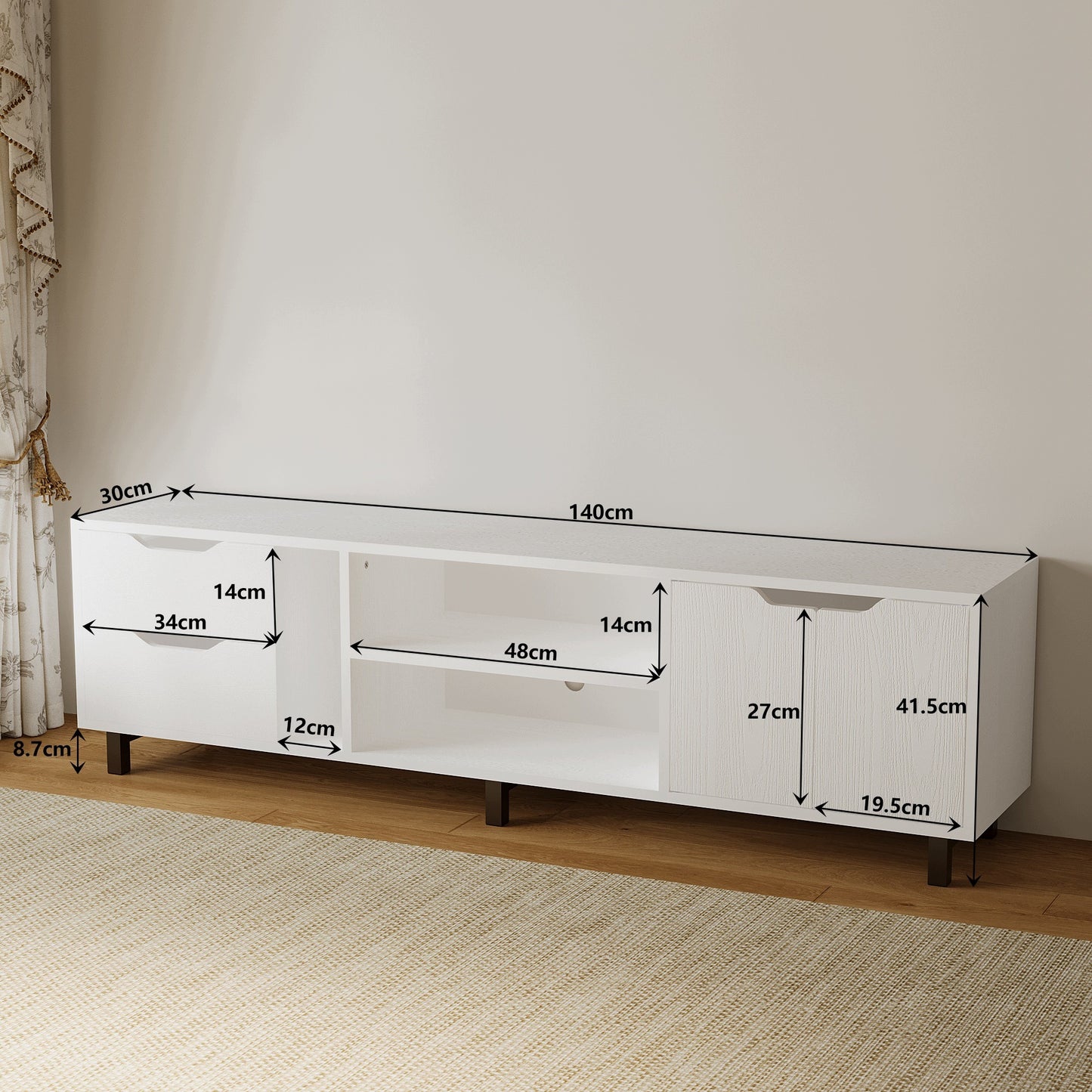 Comoda TV Stil Scandinav Alb Mat cu Sertare si Ușa, Stand TV Living, 140x30x41 cm
