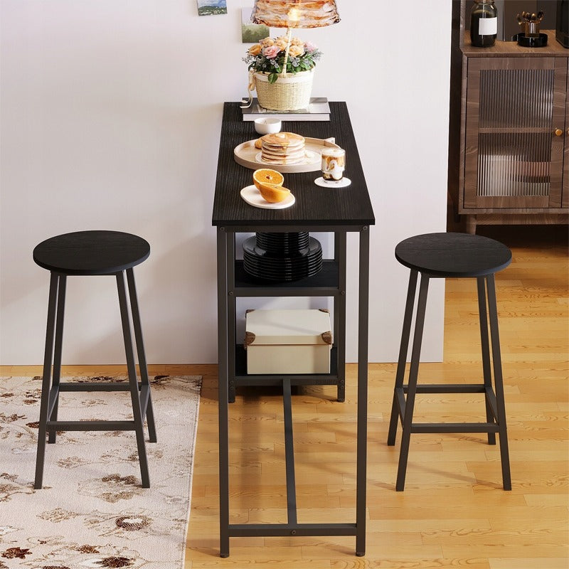 Set Bar Stil Loft cu Masa 120 cm si 2 Scaune Taburet, Complet Negru din Metal
