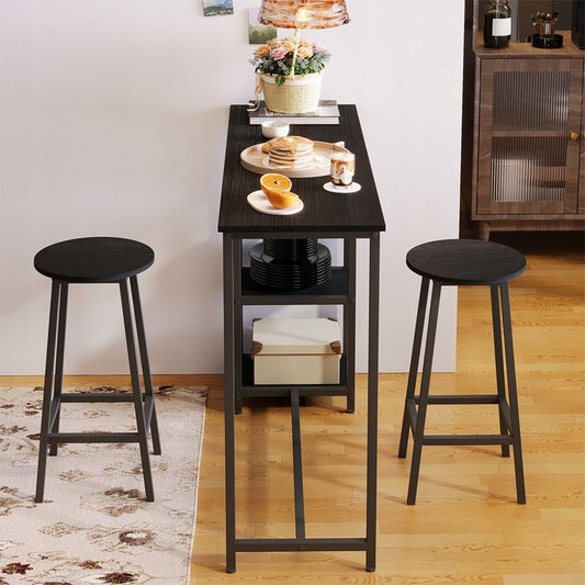 Set Bar Stil Loft cu Masa 120 cm si 2 Scaune Taburet, Complet Negru din Metal