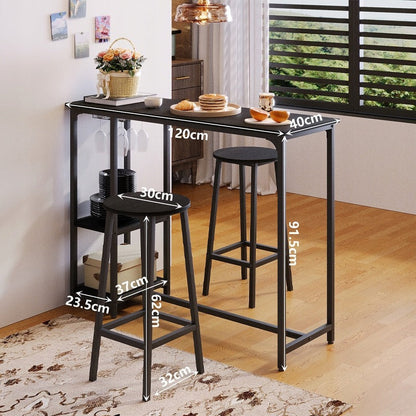 Set Bar Stil Loft cu Masa 120 cm si 2 Scaune Taburet, Complet Negru din Metal