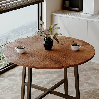 Masa de Cafea Rotunda Stil Loft, Diametru 80 cm, Maro Retro si Metal, pentru Living