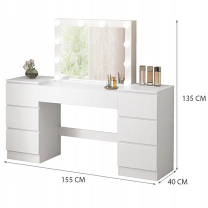 Masa Machiaj Profesionala cu Lumini LED, Masa Toaleta Alba de Salor, 155 cm