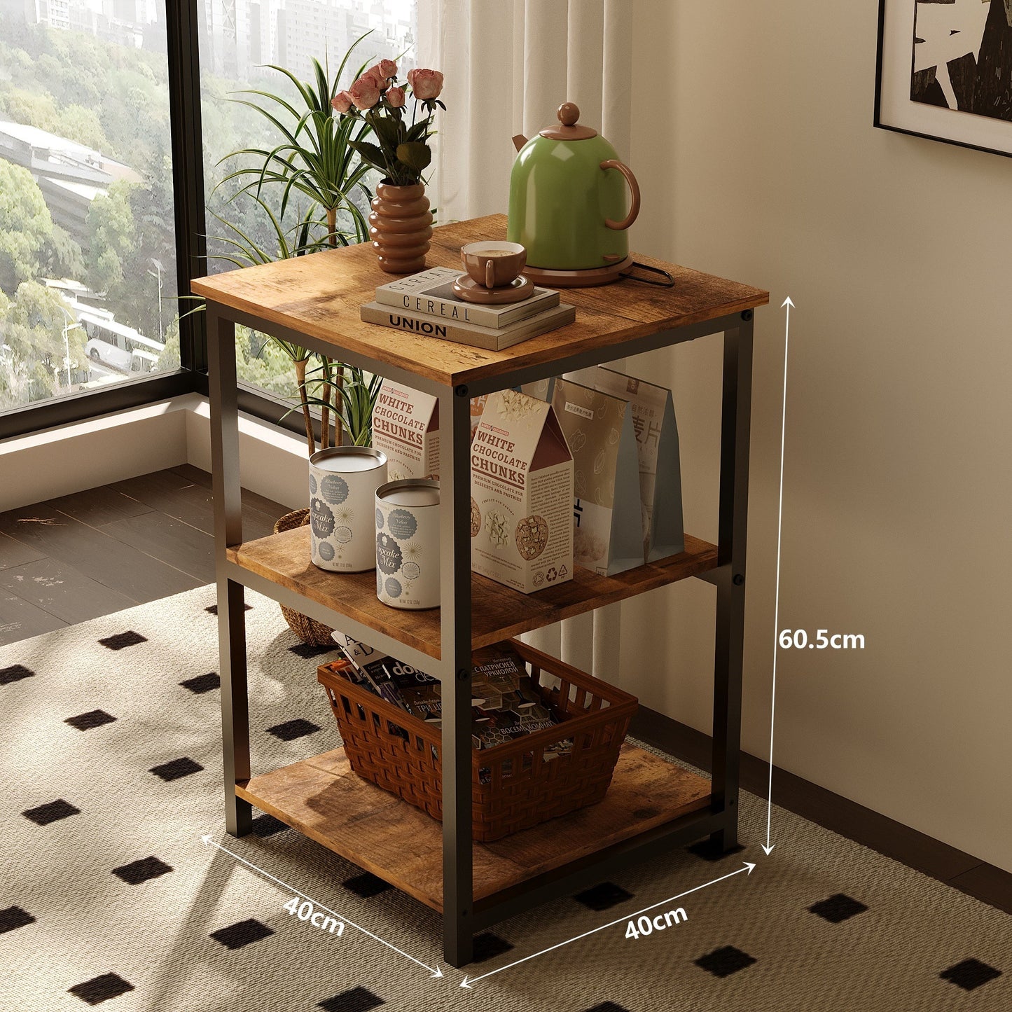Masuta Auxiliara si Noptiera Stil Industrial Loft, Stejar Rustic si Metal, 40x40x61 cm
